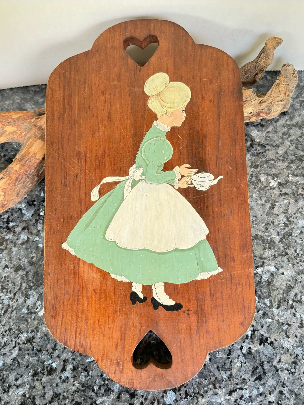 VTG Hand-Painted “Refreshment Lady” Wall Hanging Plaque, Wood, Heart Cut-Outs - Picture 2 of 5